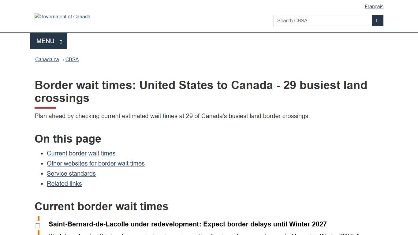 Border wait times: United States to Canada - 29 busiest land crossings
